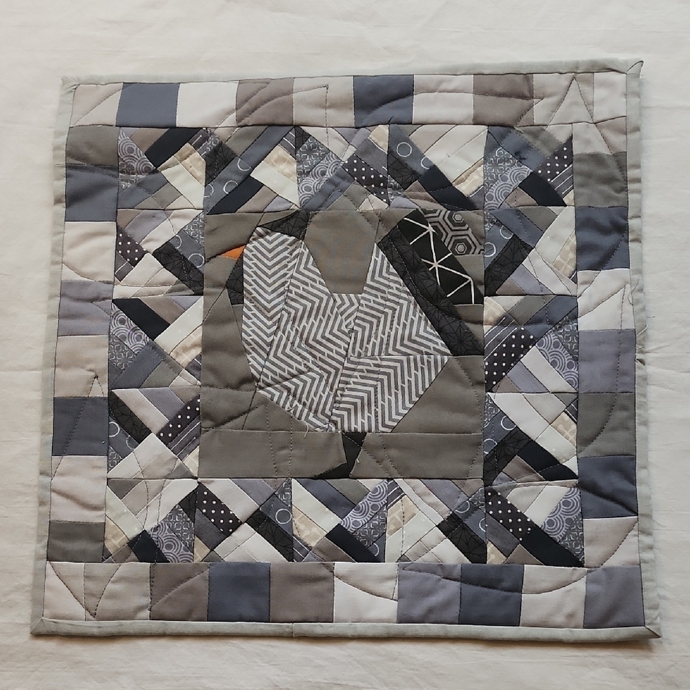 Gray Patchwork Art Quilt with Chicken Design 14"x13.75" Handmade Paper Pieced